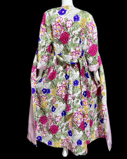MARY MCFADDEN vintage quilted floral robe, 1980s bold flowers wrap front full length long robe, medium