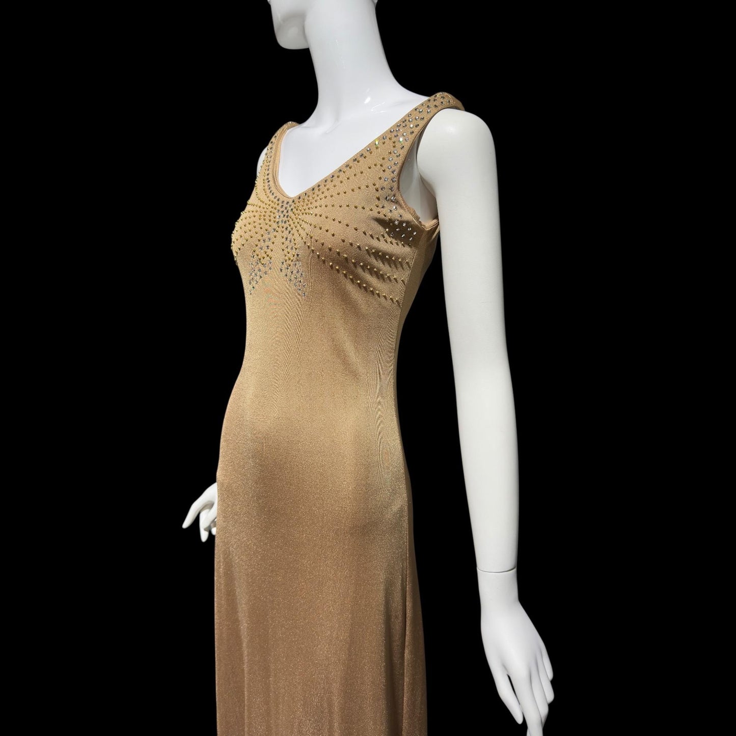 YOUNG DIMENSIONS SAKS Fifth Ave, vintage 1970s evening dress, Bronze slinky metallic knit maxi slip dress, Disco party cocktail dress