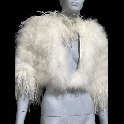 1980s Vintage marabou feather jacket, Snowy white marabou with ostrich feathers cropped wedding evening jacket