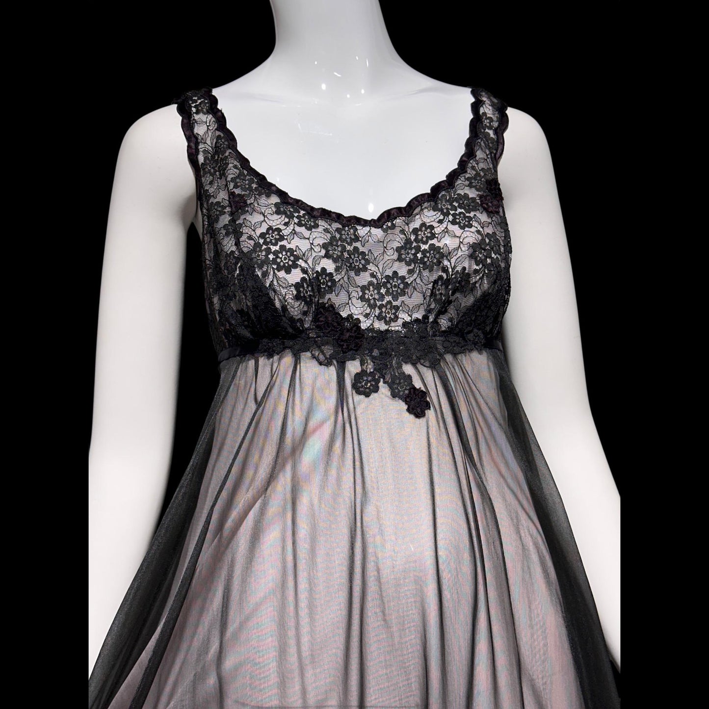 Warner's vintage 1960s peignoir set, frothy sheer black and pink chiffon nightgown robe set