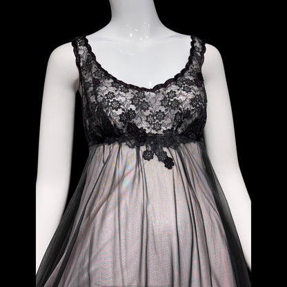 Warner's vintage 1960s peignoir set, frothy sheer black and pink chiffon nightgown robe set