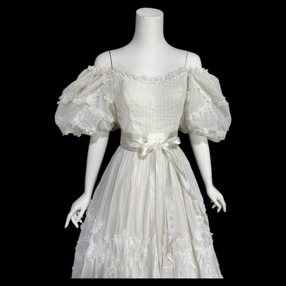 1970s Mexican Wedding dress, White cotton tiered lace ball gown, off shoulder huge Sleeves Bohemian gown