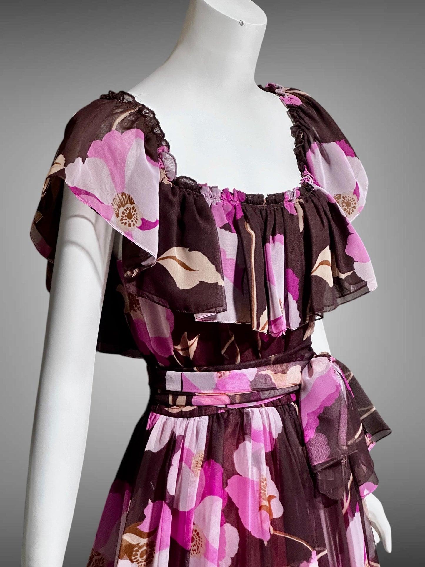 MIGNON New York, vintage 1970s Chocolate Brown Hot Pink Floral Chiffon evening gown