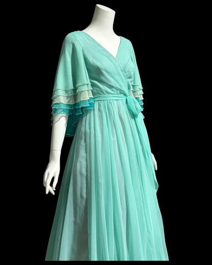 JACK BRYAN, vintage 1970s teal green chiffon evening dress with beaded flutter sleeves