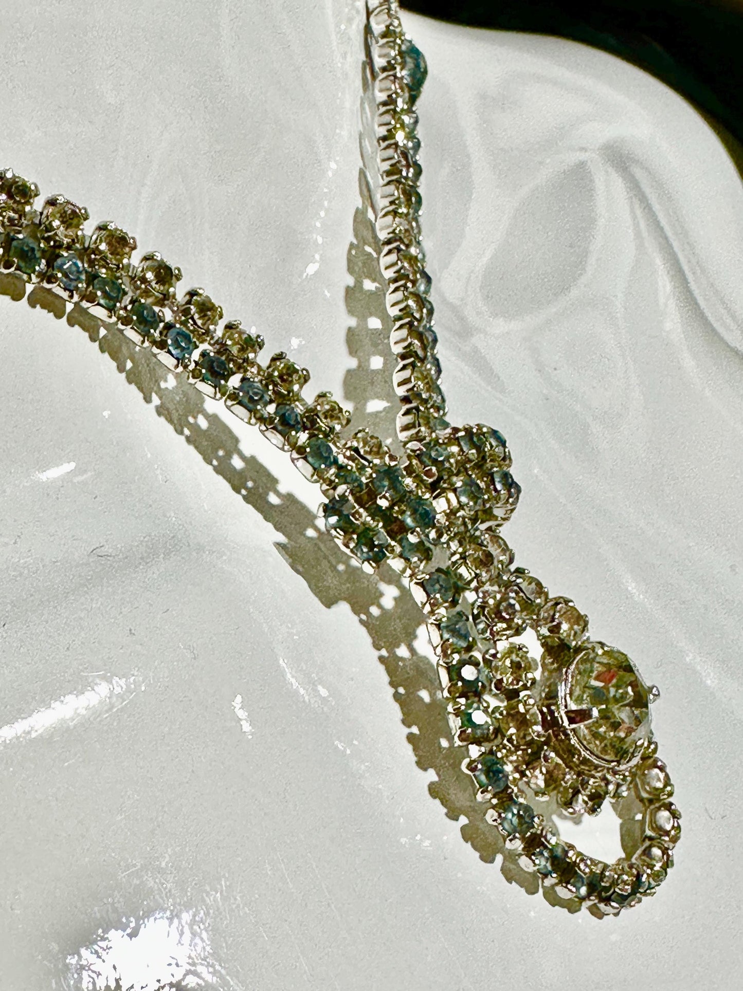 1950s vintage rhinestone necklace, clear crystal and blue rhinestone drop necklace