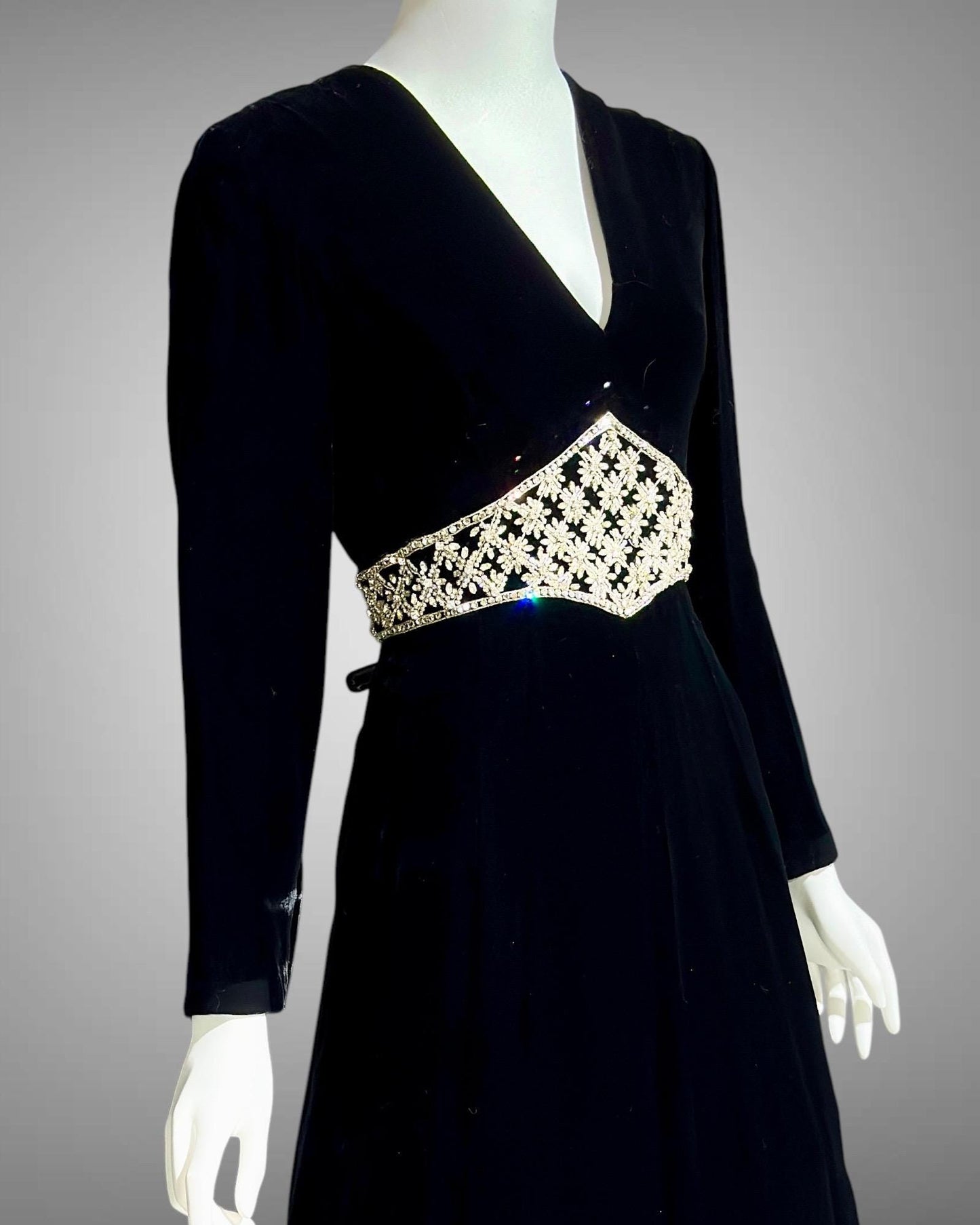 MOLLIE PARNIS for SAKS black velvet cocktail dress, 1960s Rhinestone encrusted waist