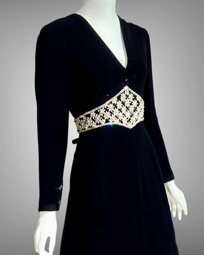 MOLLIE PARNIS for SAKS black velvet cocktail party dress, 1960s Rhinestone encrusted waist