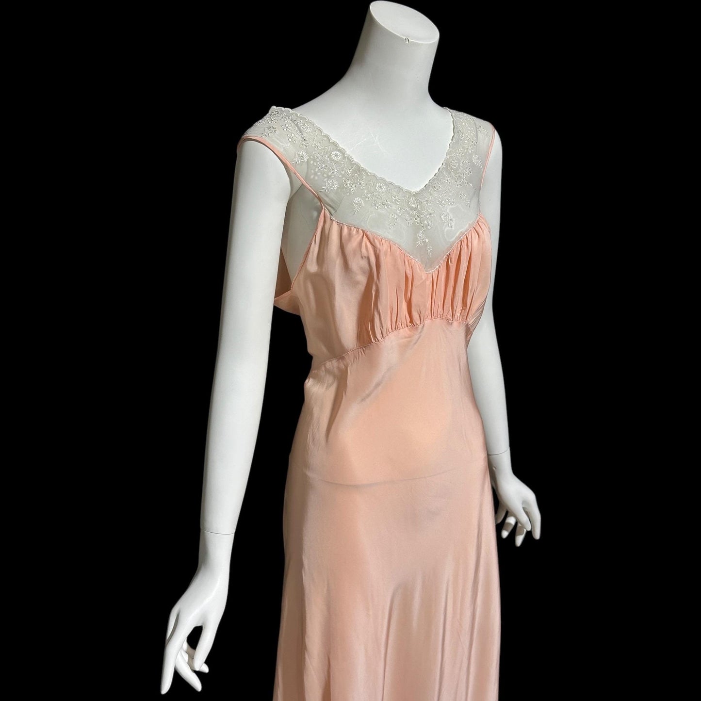 LAURA LANE, vintage 1940s nightgown slip dress, Shiny petal pink bias cut night dress, full length