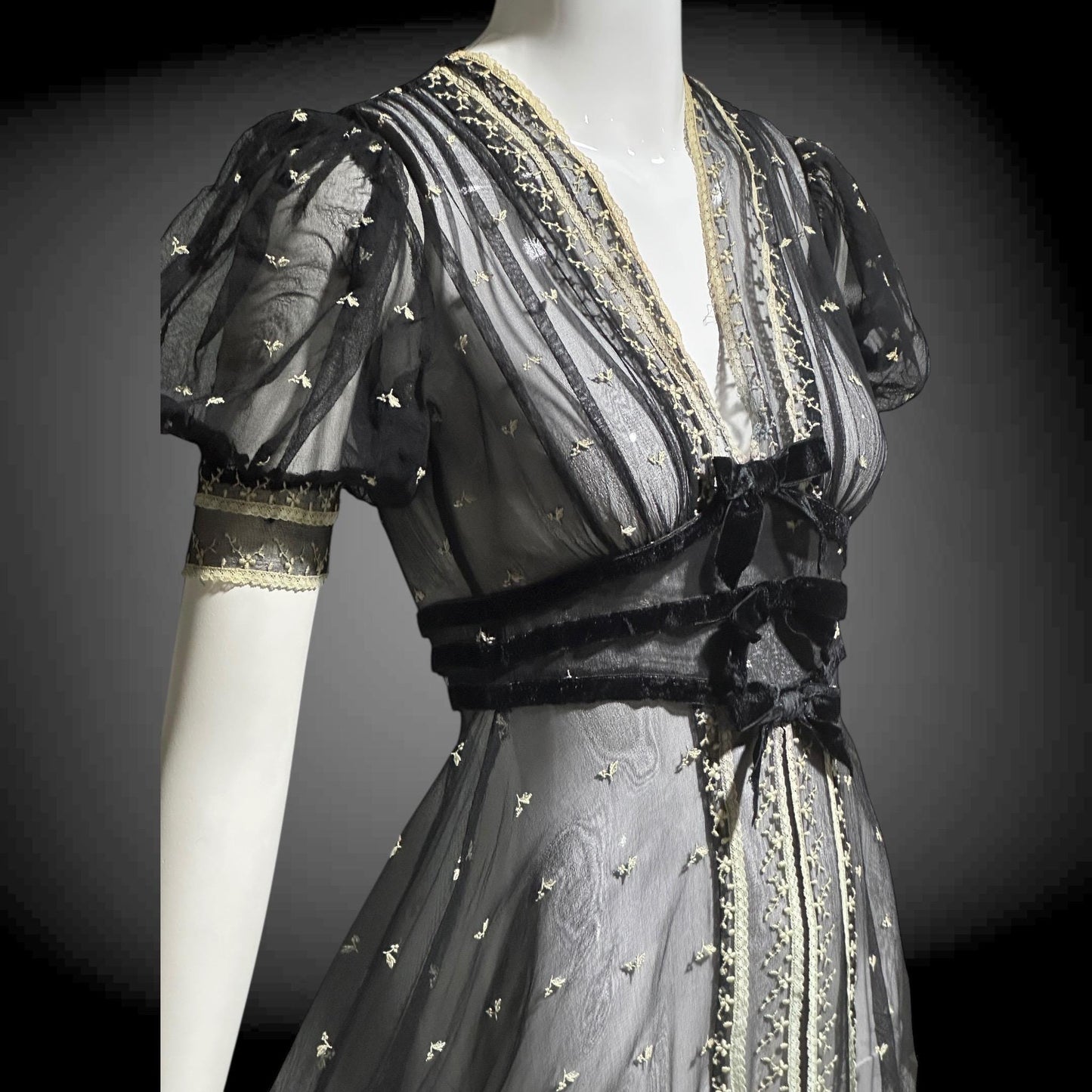 1930s Vintage Sheer Lace Evening Dress: Black embroidered babydoll Dress