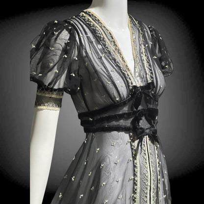 1930s Vintage Sheer Lace Evening Dress: Black embroidered babydoll Dress