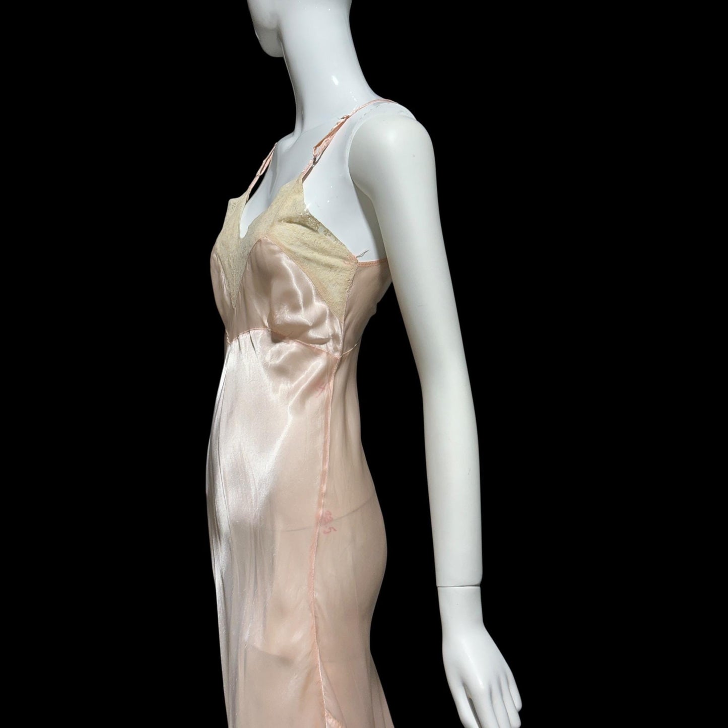 1930s Vintage Peach Slip Dress: Shiny silky Rayon Nightgown lingerie, Lace Trim