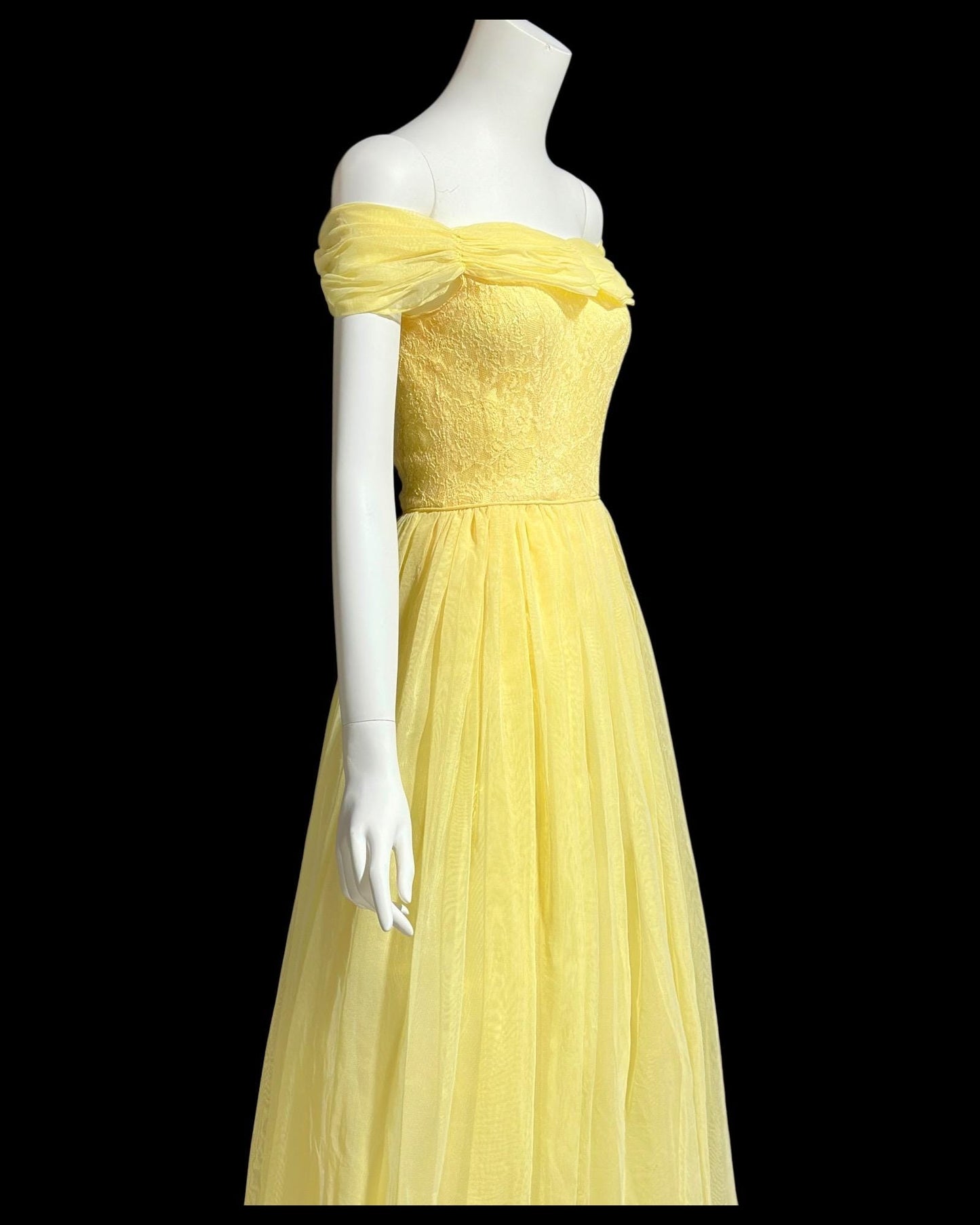 1940s vintage evening prom dress, Yellow mesh cupcake dress, off the shoulder, circle skirt