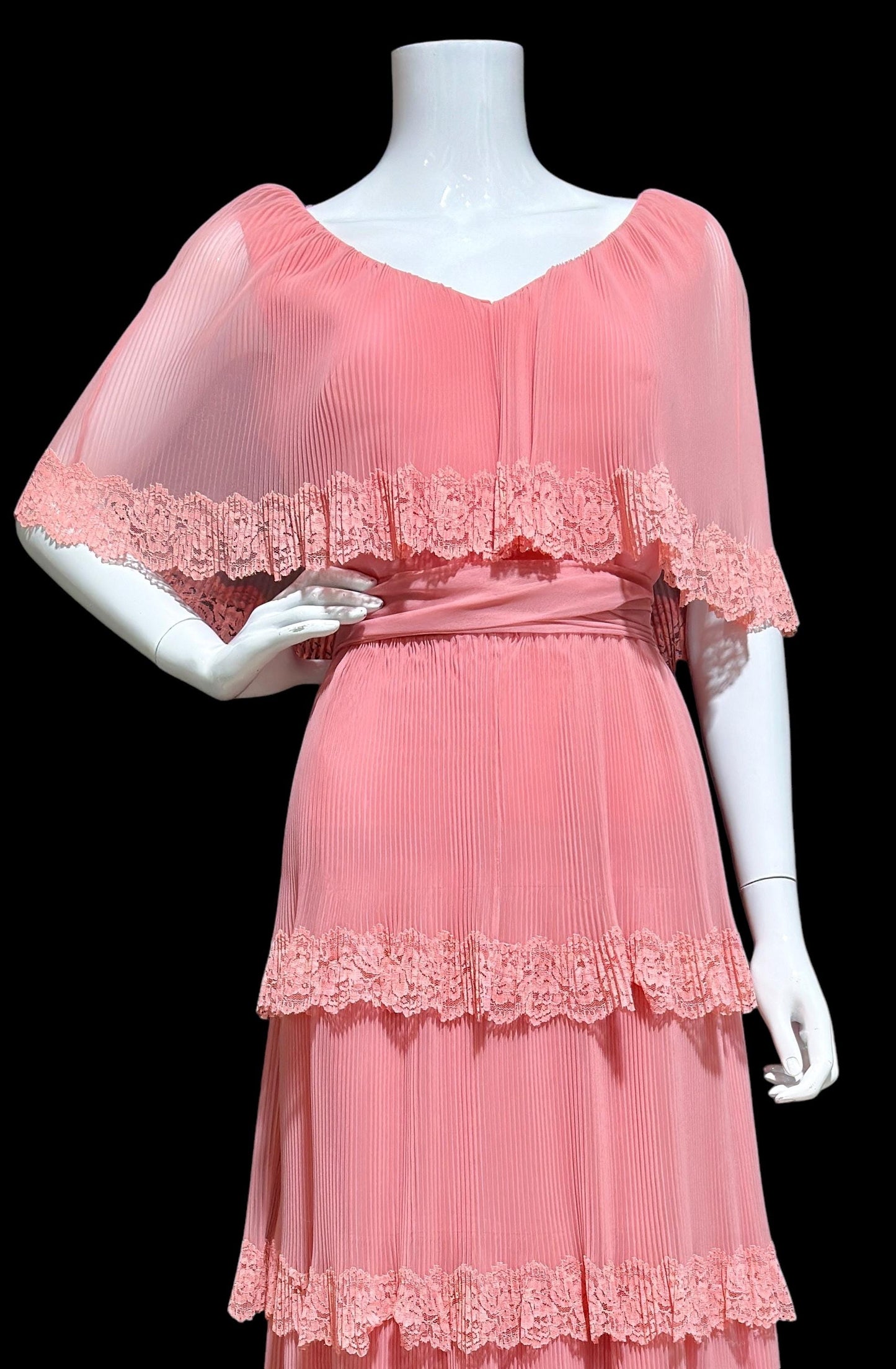 MISS ELLIETTE vintage 1970s pleated chiffon evening gown, Old Rose Pink tiered skirt maxi dress with ruffled collar