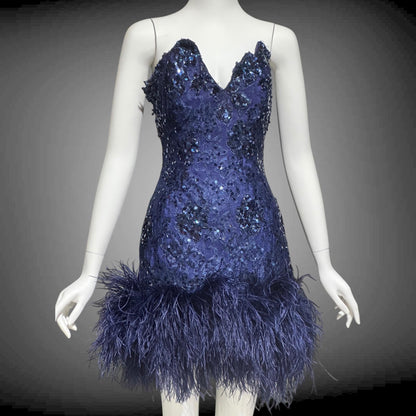 LILLIE RUBIN, vintage 1980s MINI Party Prom cocktail dress, Navy Blue Strapless sequin lace and ostrich feathers