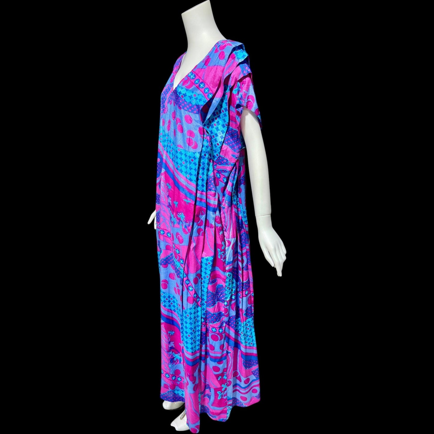 SULTANA by ADINI vintage 1970s caftan dress, blue purple and hot pink op art rayon