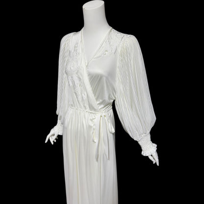 1980s vintage dressing gown robe, Slinky white jersey polyamide wrap front housecoat