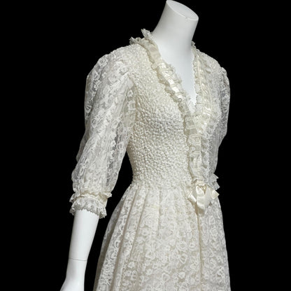 ODETTE BARSA, vintage 1950s dressing gown robe, white smocked elastic and lace bridal robe