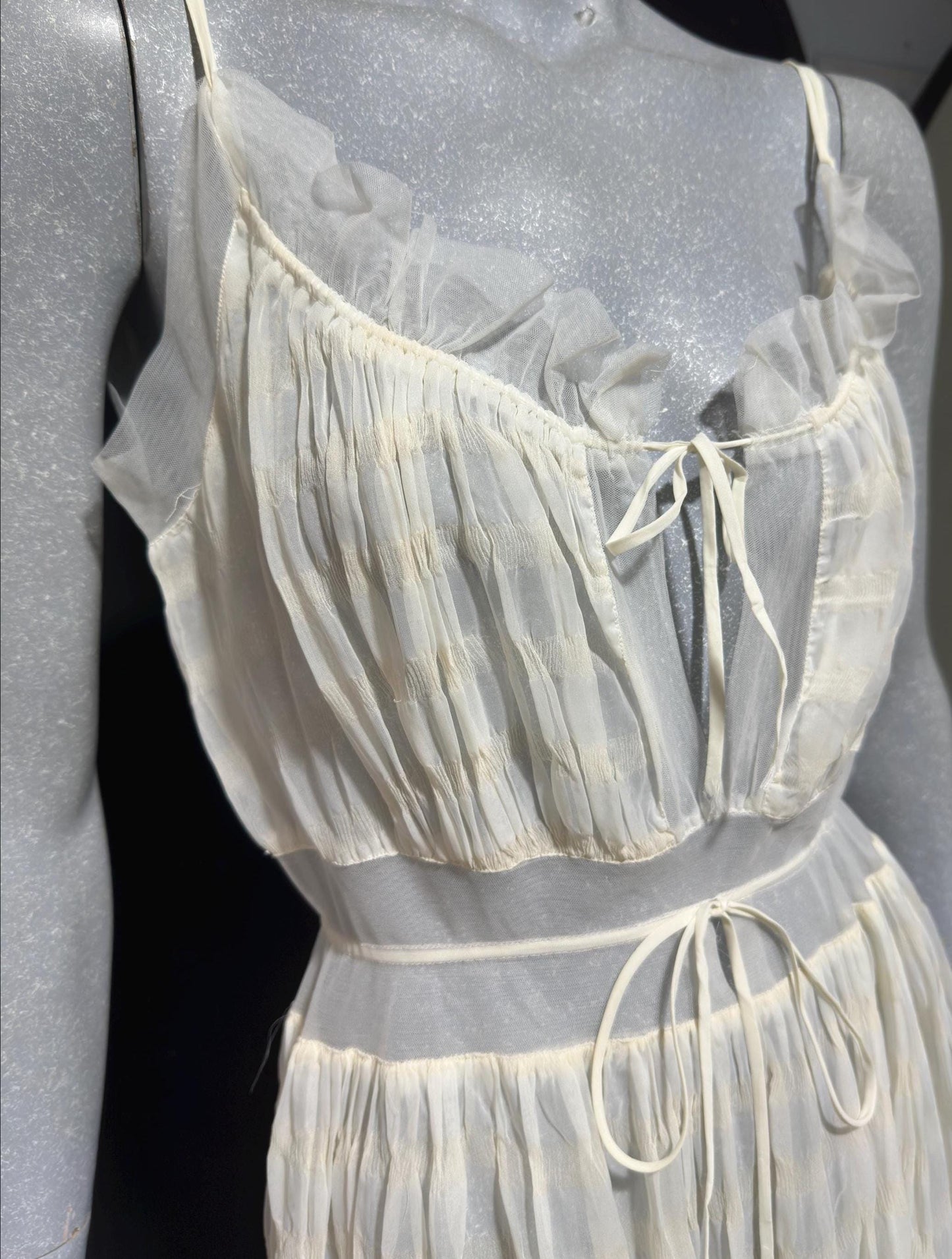 IRIS vintage 1930s Nightgown slip dress, ethereal white sheer waffled nylon lingerie dress