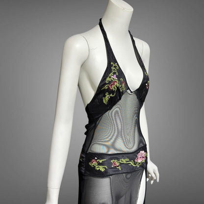 JACALYN BENNETT for FREDERICK'S of Hollywood, vintage Y2K nightgown slip dress, black silk and mesh