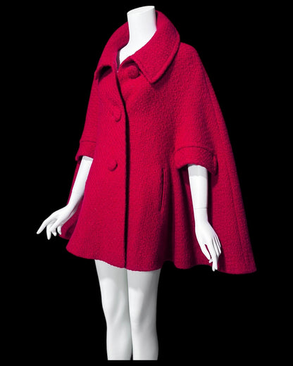 FRANKLIN SIMON, 1960s Mod red swing cape jacket, nubby wool button front car coat