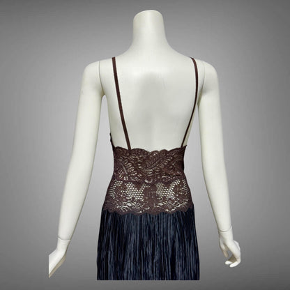 FERNANDO SANCHEZ, vintage 1970s Nightgown, Black and Chocolate lace plisse gown