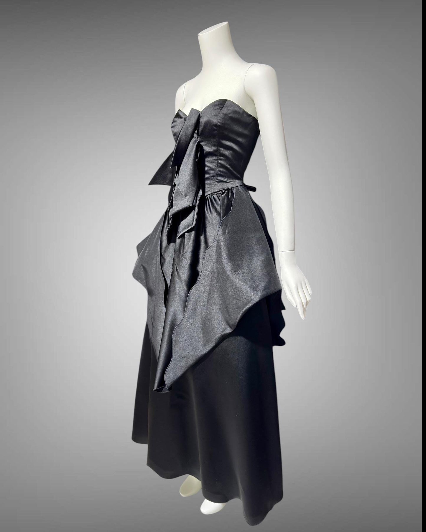 HOLLY HARP vintage 1980s evening ball gown, Black satin architectural peplum party dress