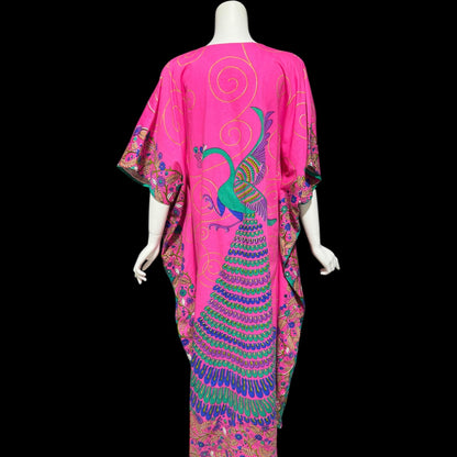 NEIMAN MARCUS, vintage 1970s caftan dress, hot pink cotton, hand screened in Thailand