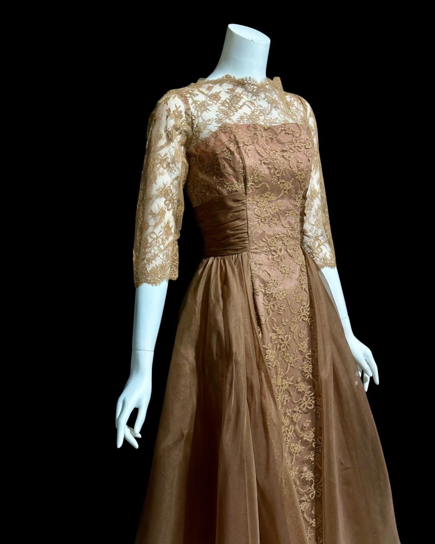 CLIFTON WILHITE vintage 1950s dress, Mocha Mousse lace organza evening cocktail party dress