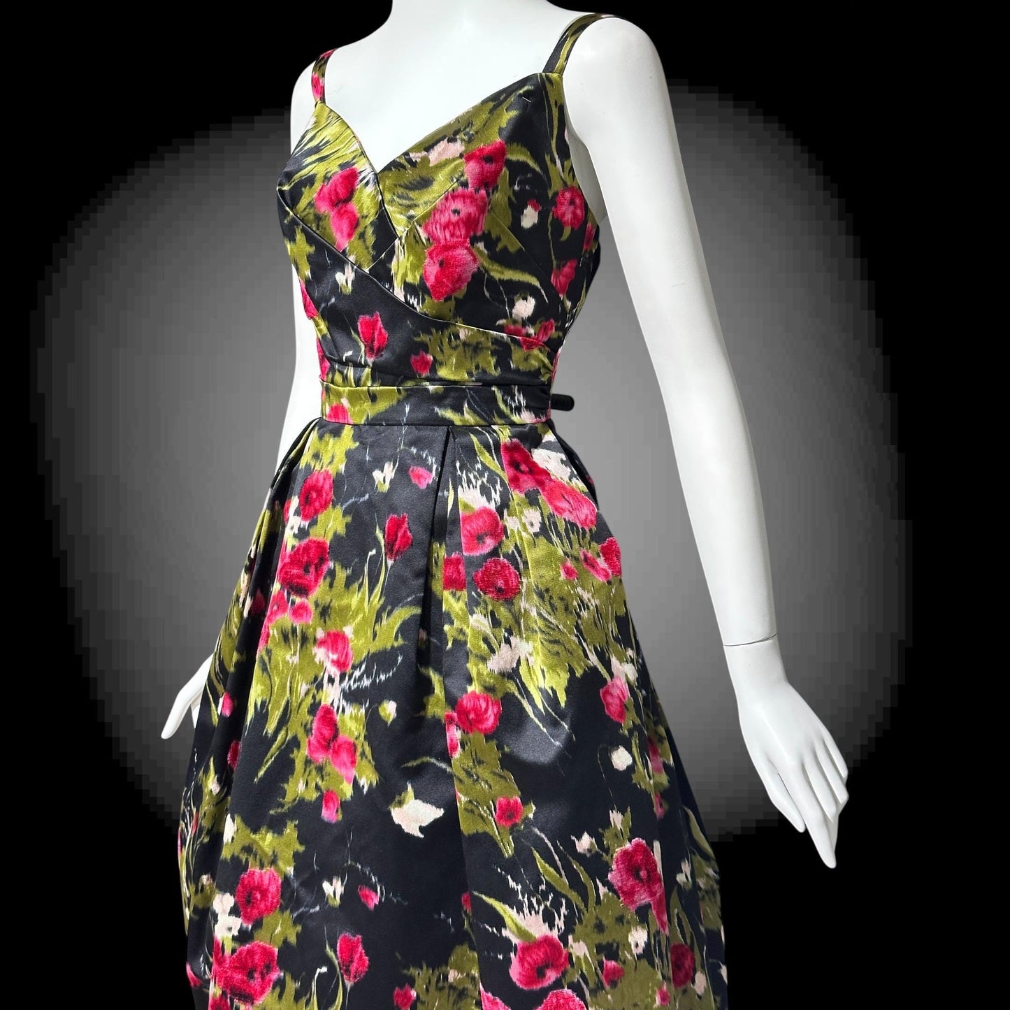 I. MAGNIN vintage 1950s evening dress, black floral cocktail party dress, Black with magenta poppies