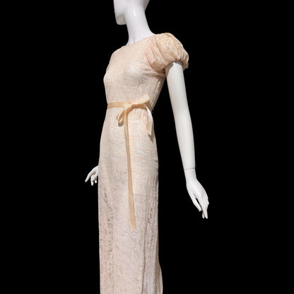 FRANKLIN SIMON vintage 1930s evening dress, totally sheer blush lace, bias cut see through feather weight sheath gown
