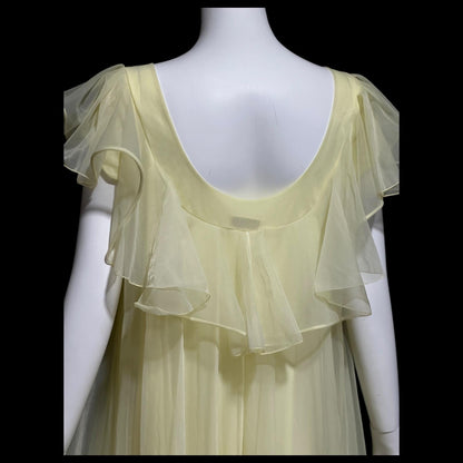 LUCIE ANN Claire Sandra, 1960s Marshall Field daffodil yellow full sweep ruffled nightgown, grecian wrap slip dress