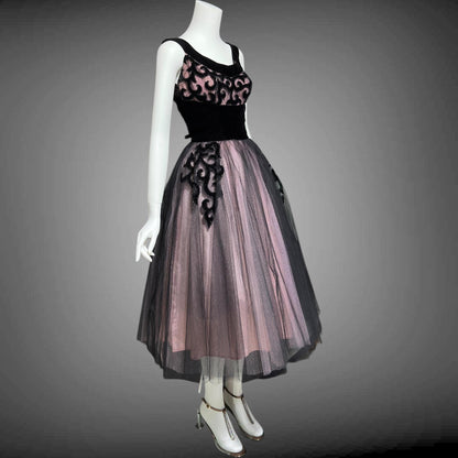 1950s vintage party dress, Dreamy Pink and Black tulle cupcake prom cocktail dress