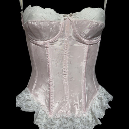 SABRINA, Vintage 1970s pink satin bustier, pink embossed satin with white lace