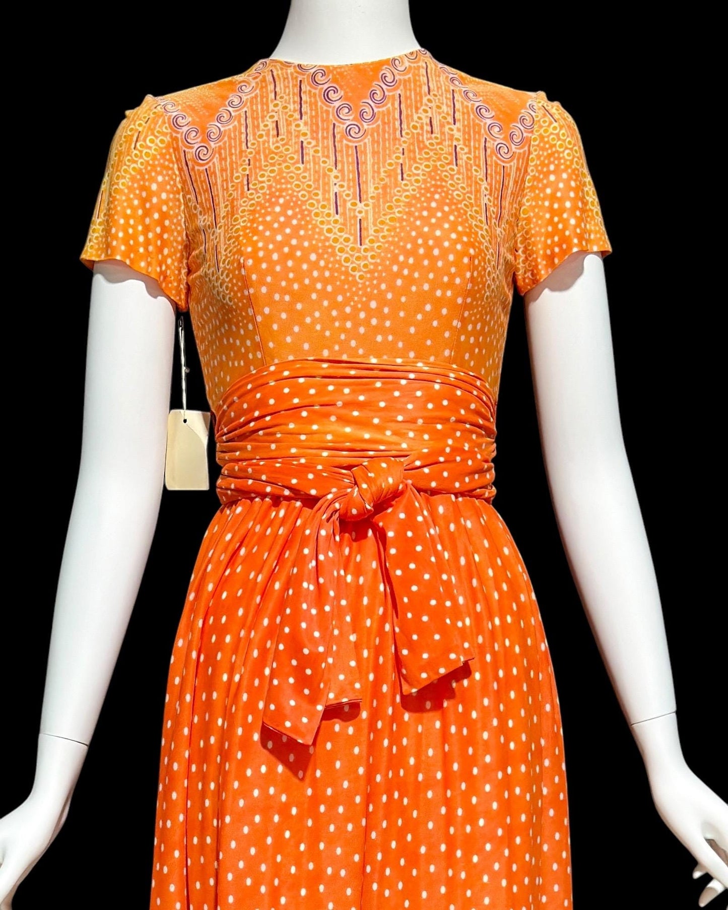 SARMI NY, Vintage 1960s Orange Op Art slinky knit maxi party dress