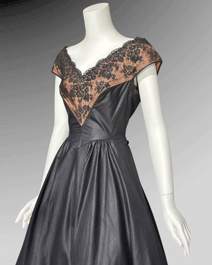 DOROTHY O'HARA, vintage 1950s dress, Black polished cotton and lace fit and flare cocktail party evening dress