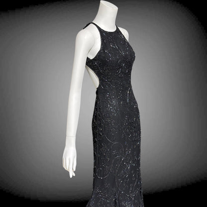 CACHE vintage 1990s evening dress, Bodycon black beaded racer back sheath slip dress, backless cocktail party dress