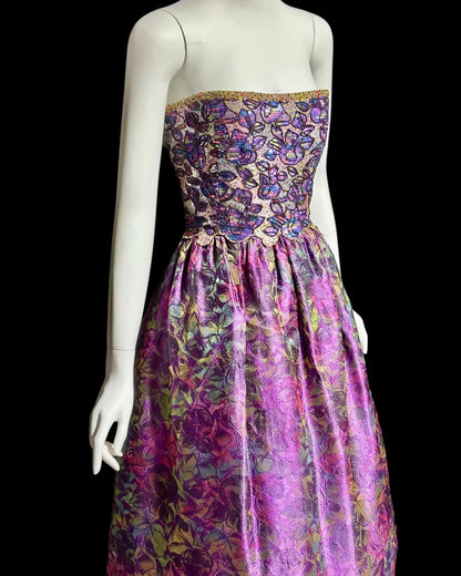 MARY MCFADDEN COUTURE, vintage 1980s evening dress, Saks Fifth Avenue Purple beaded floral ball gown
