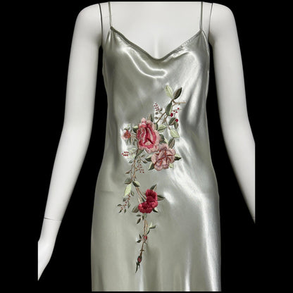 BONNIE STRAUSS, vintage 1990s slip dress, shiny satin bias cut sheath embroidered gown, 1940s style gown