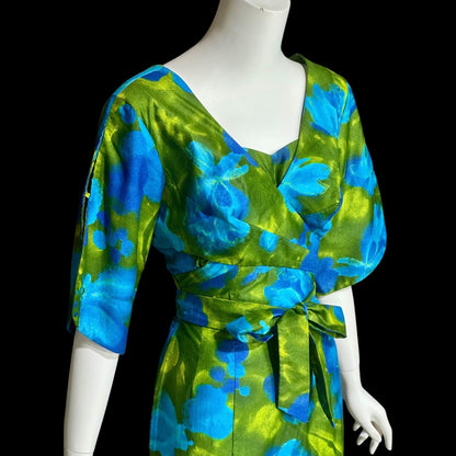 LORD & TAYLOR, 1960s Vintage bombshell Hawaiian dress, wrap cotton maxi dress, blue green floral