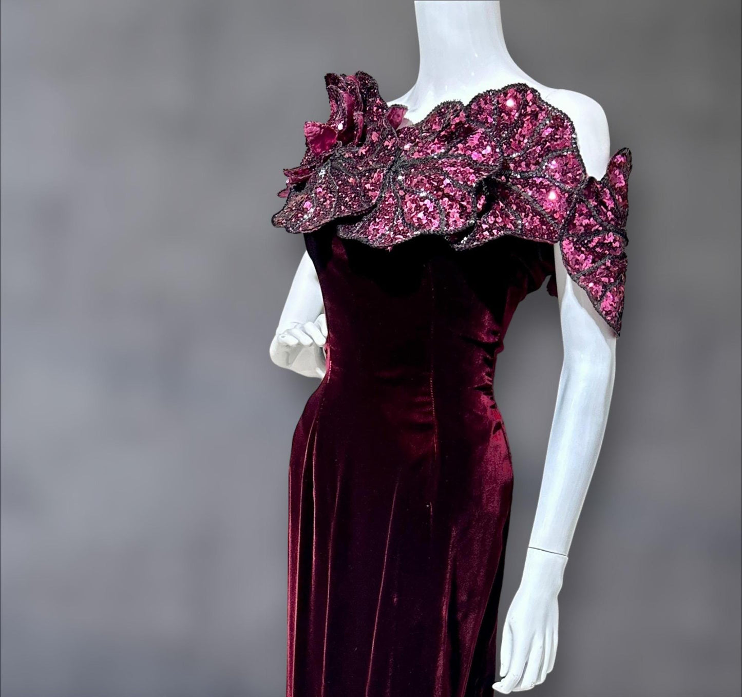 EUGENE ALEXANDER 1980s vintage evening gown, burgundy velvet sheath dress, HUGE Sequin Flowers