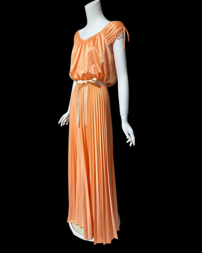 1970s vintage evening dress, peach blouson pleated jersey knit goddess gown