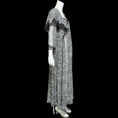 LUCIE ANN vintage 1970s nightgown robe peignoir set, black and white sheer animal print negligee slip dress set
