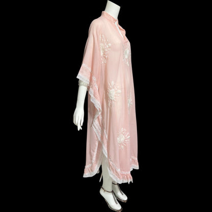 1970s Vintage sheer caftan dress, baby pink cotton poly blend with white embroidered flowers