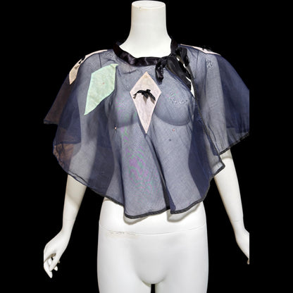 1930s Vintage collar capelet, navy blue organza harlequin shoulder cover