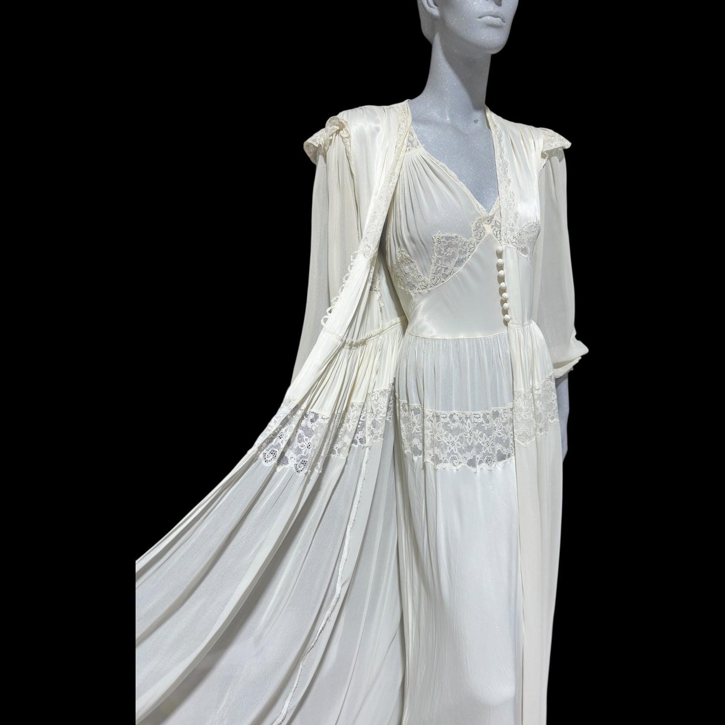 LADY DUFF Vintage 1940s Nightgown Robe Set, Bridal White Peignoir Dressing Gown & Slip Lingerie Dress