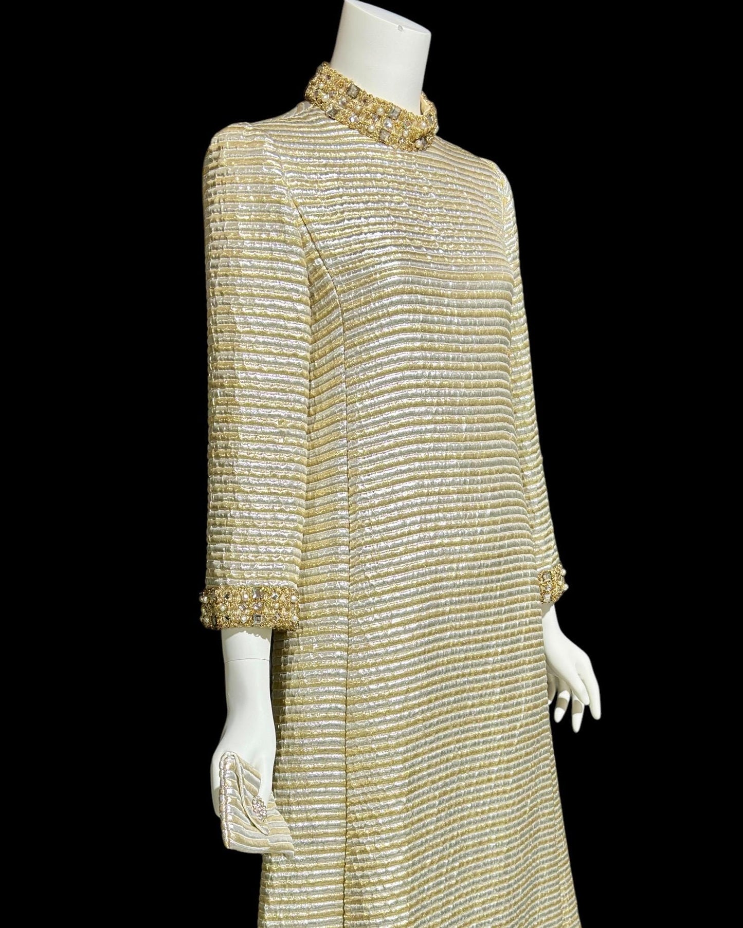 1960s vintage custom made evening dress gown, gold silver metallic stripe, heavily beaded high neck, mod shift gown