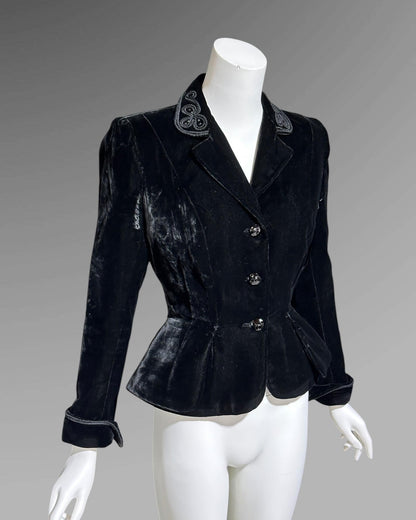 BONWIT TELLER, vintage 1940s black velvet jacket coat, fitted princess cut new look, nipped waist