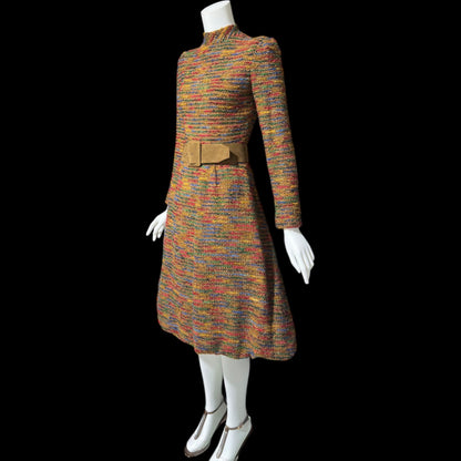 ARNOLD SCAASI vintage 1970s Day Dress, boucle wool & silk high neck dress