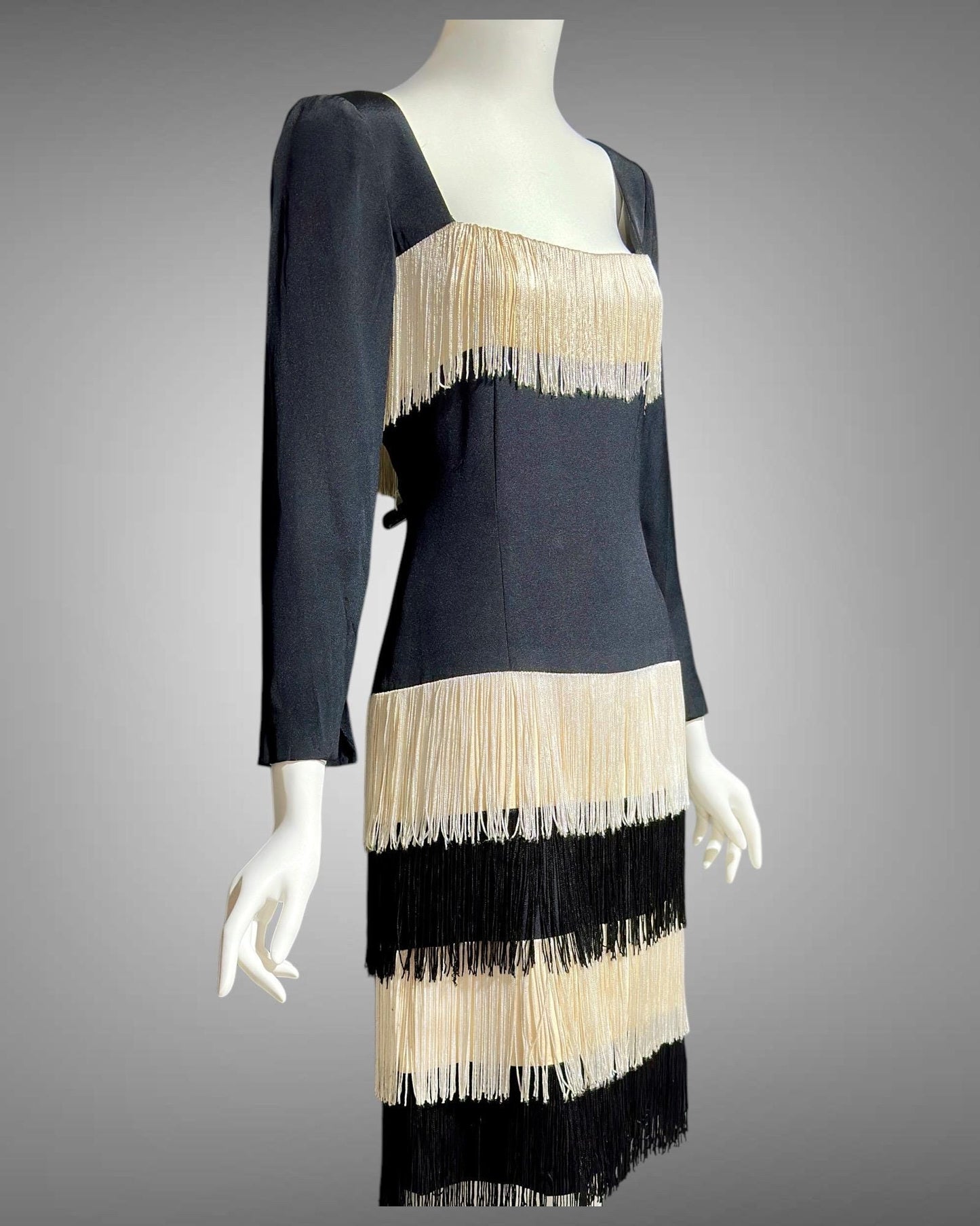 TRAVILLA vintage evening cocktail dress, 1960s black white fringed mod party dress