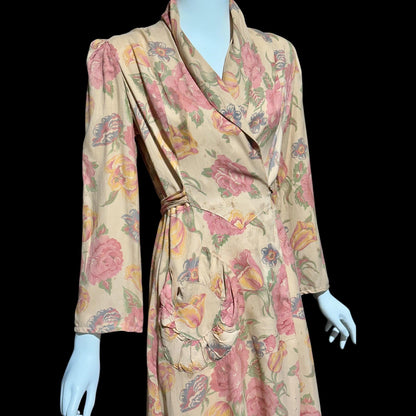 1930s vintage silk chintz floral robe, Dusty pink wrap front long house coat, Rehabilitated Wounded Bird